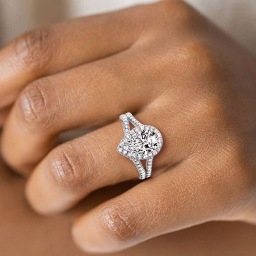 Split Shank Halo Pear Engagement Ring, size 7